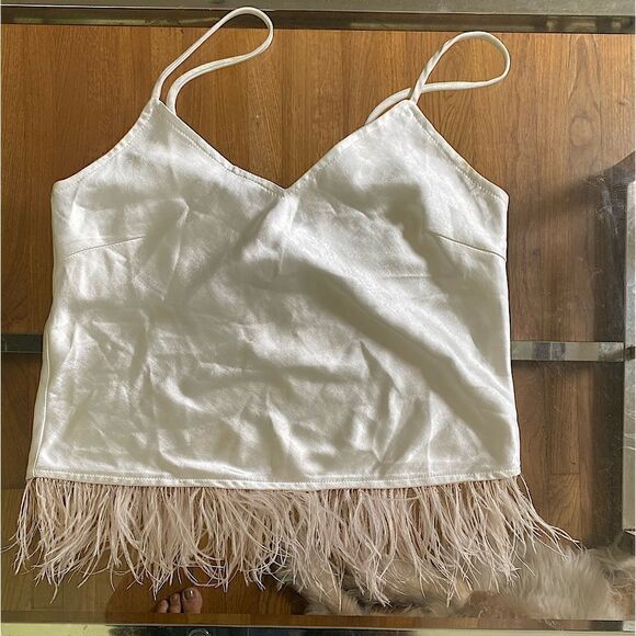 White silk/poly spaghetti strap Cami w/ feathers. V front & back size small - Picture 12 of 12